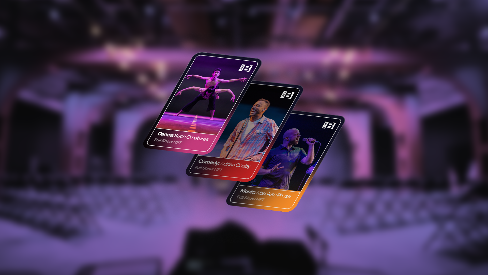 digital collectible cards floating above a blurred stage